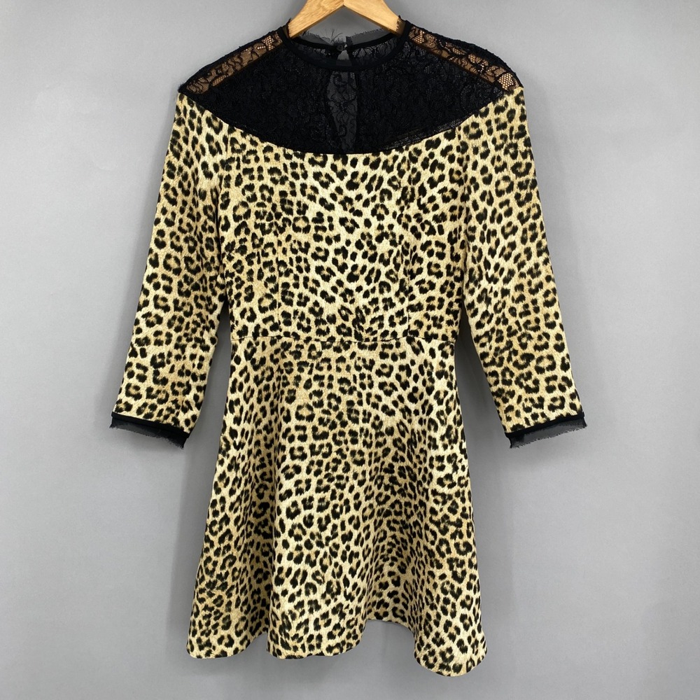 Zara‎ Leopard Print Lace Yoke Mini Skater Dress Womens XS Fit and Flare Party